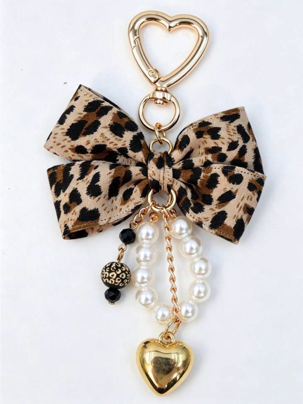 Leopard Bow Pearl & Heart Keychain